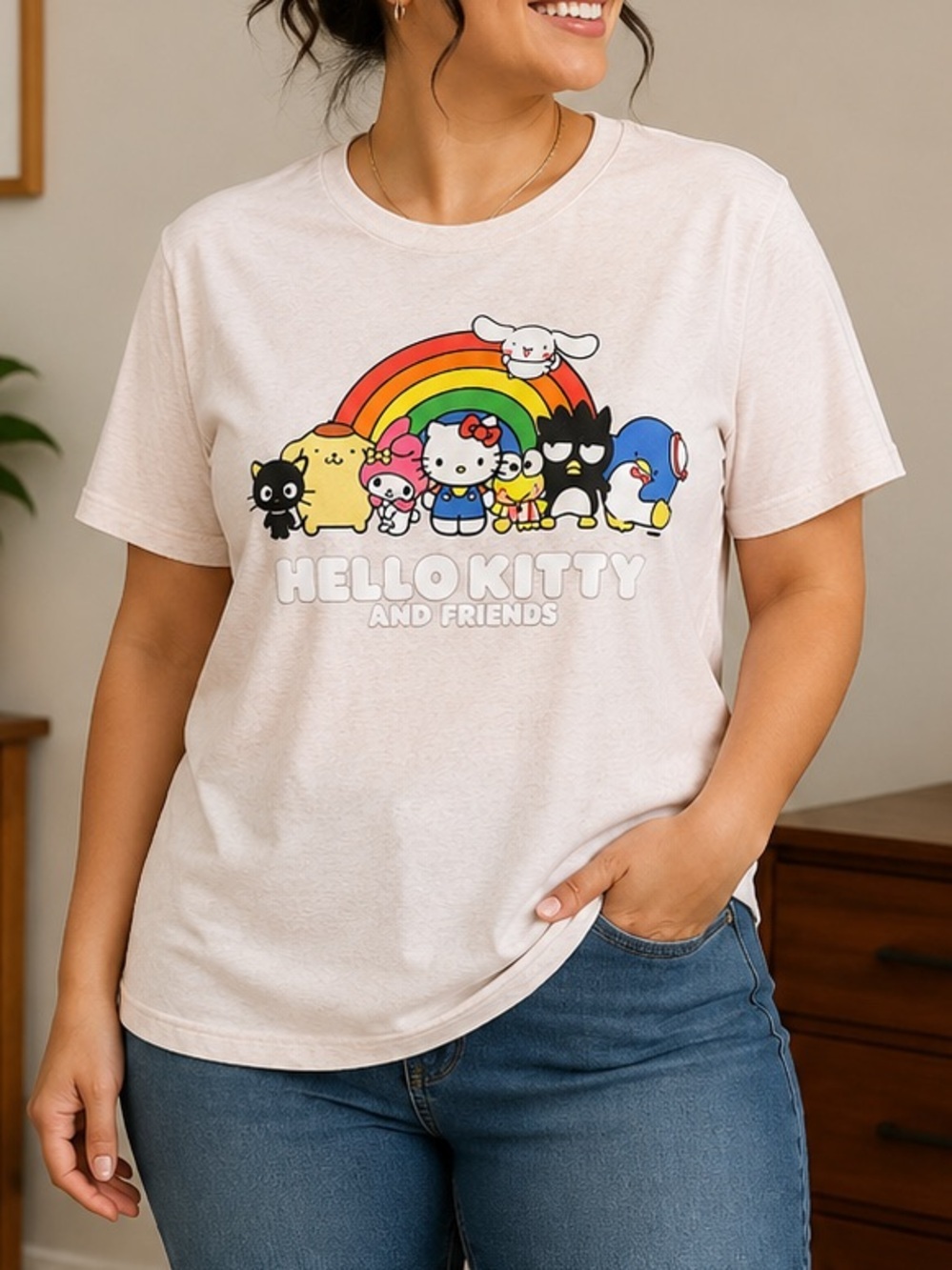 Hello Kitty Cream Short Sleeve Tee with Rainbow Graphic size MEDIUM